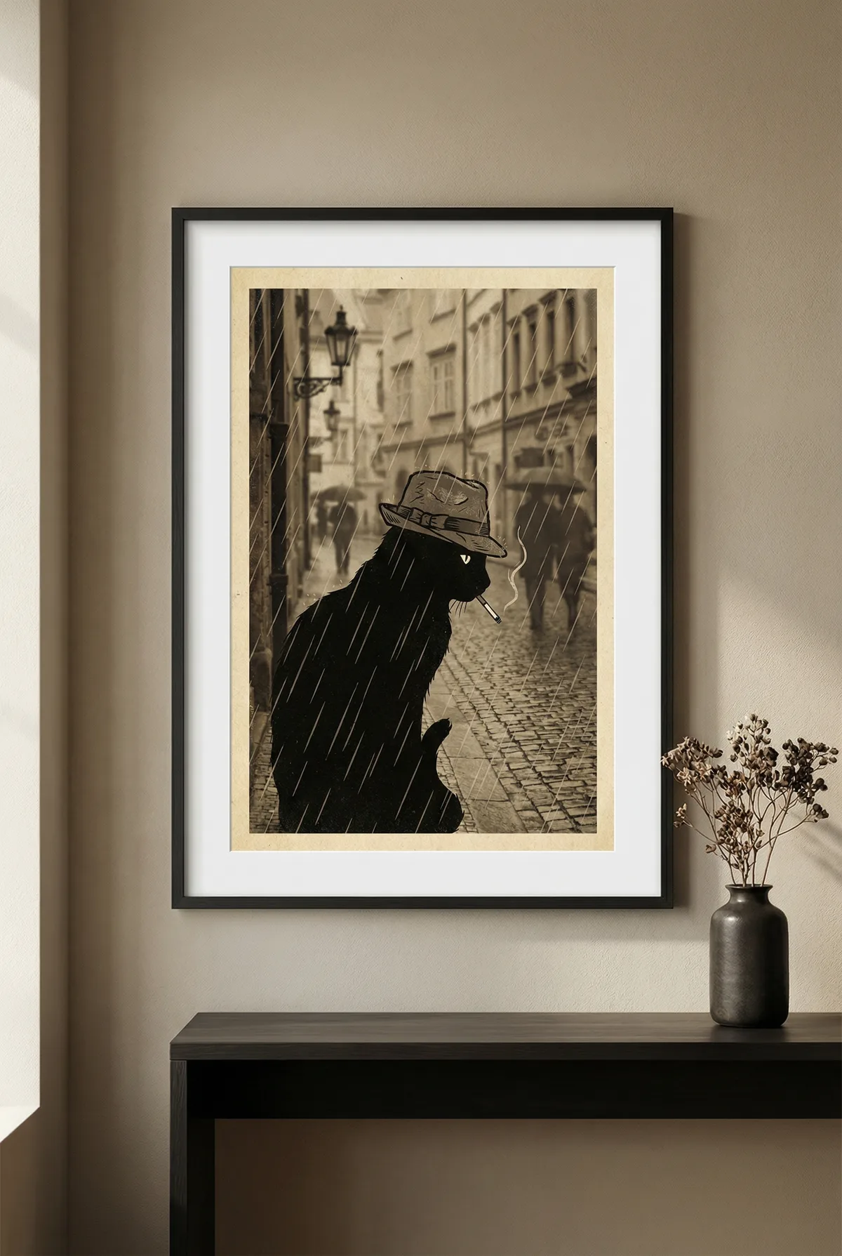 Printable Retro Black Cat in Rain